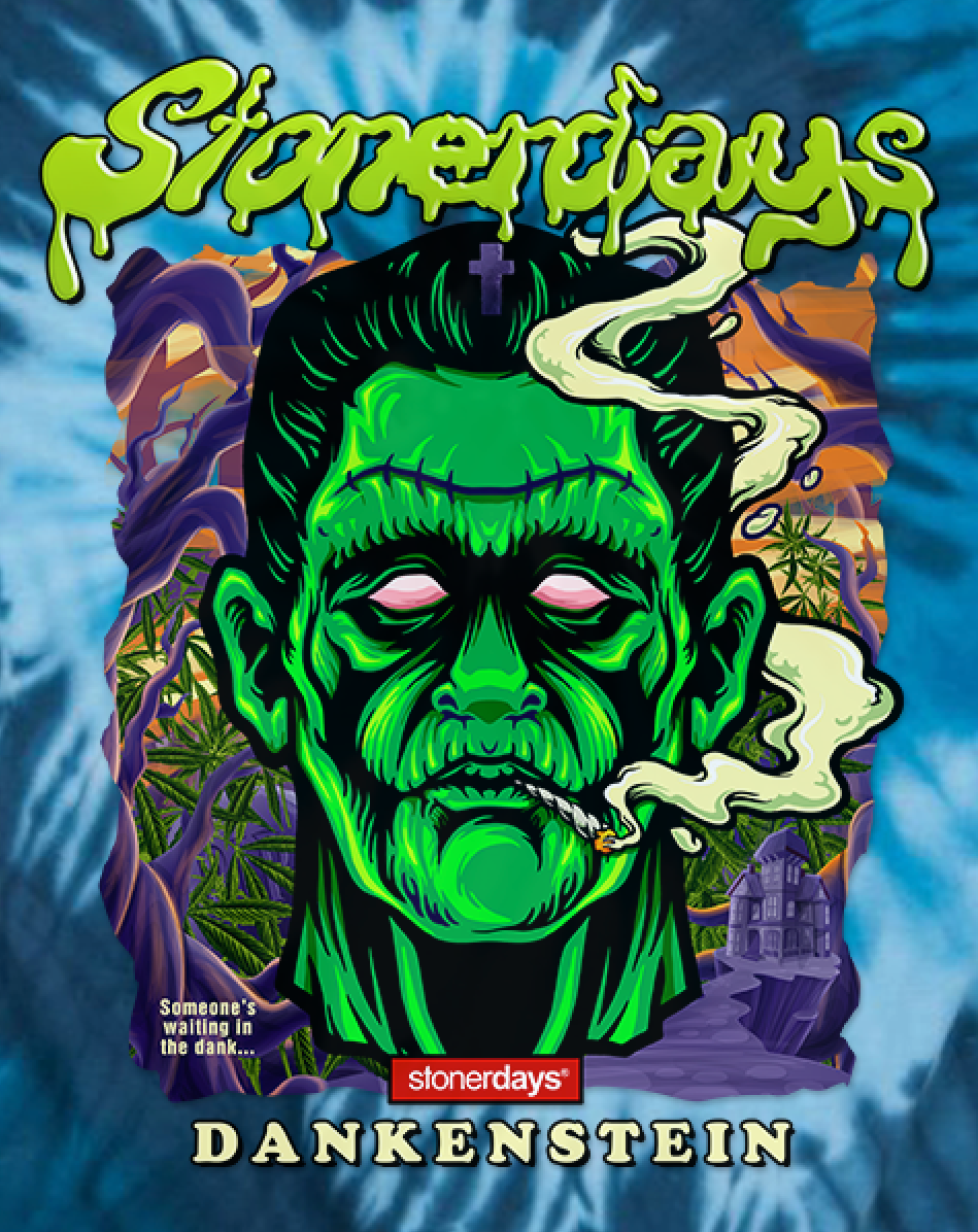 StonerDays Dankenstein Blue Tie Dye T-Shirt with vibrant graphic design, front view