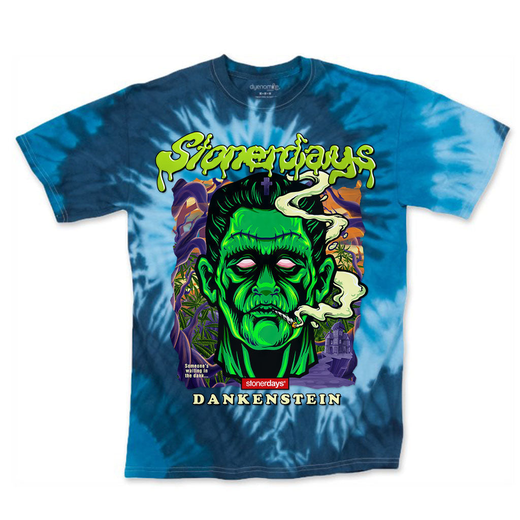 StonerDays Dankenstein T-Shirt in Blue Tie Dye with Graphic Front View on White Background