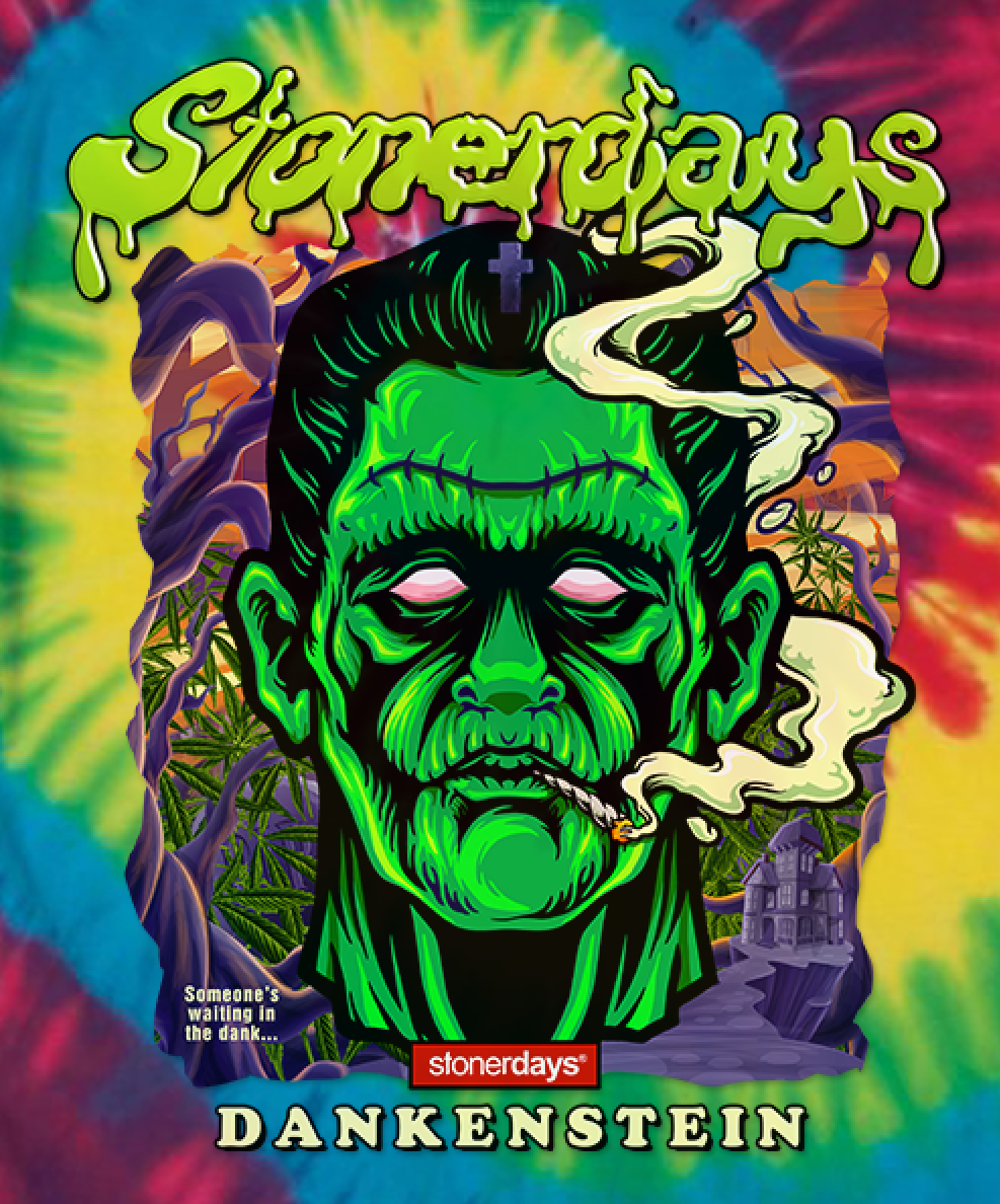 StonerDays Dankenstein Tie Dye T-Shirt with vibrant blue and green colors, front view