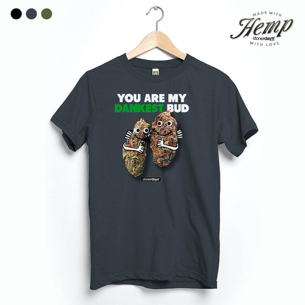 StonerDays Dankest Bud Hemp Tee in grey, front view on hanger, eco-friendly material