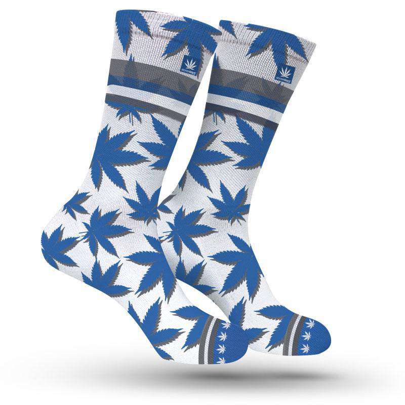 StonerDays Detroit NFL-inspired blue and gray cannabis leaf pattern socks, front view