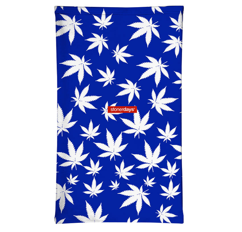 StonerDays Dodger Blue Face Mask with White Cannabis Leaf Pattern, Front View