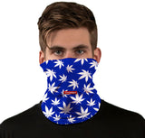 StonerDays Dodger Blue Face Mask with white leaf pattern, worn by model, front view