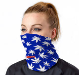 StonerDays Dodger Blue Face Mask with white leaf pattern, worn by model, front view