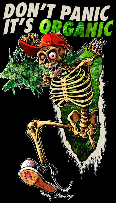StonerDays Men's Hoodie featuring skeleton graphic with 'Don't Panic It's Organic' slogan