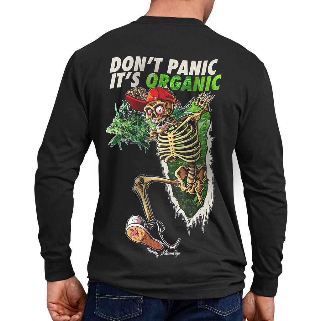 StonerDays 'Don't Panic It's Organic' long sleeve t-shirt, rear view on model, black cotton