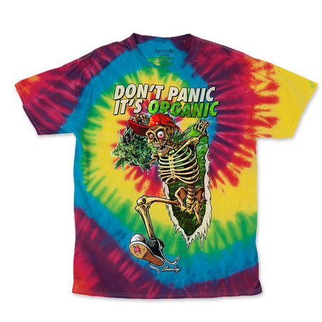 StonerDays Rainbow Tie Dye T-Shirt with 'Don't Panic It's Organic' graphic, front view on white