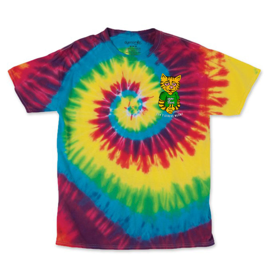 StonerDays Rainbow Tie Dye Tee with Don't Stress Meowt Graphic, Front View, Sizes S-3XL