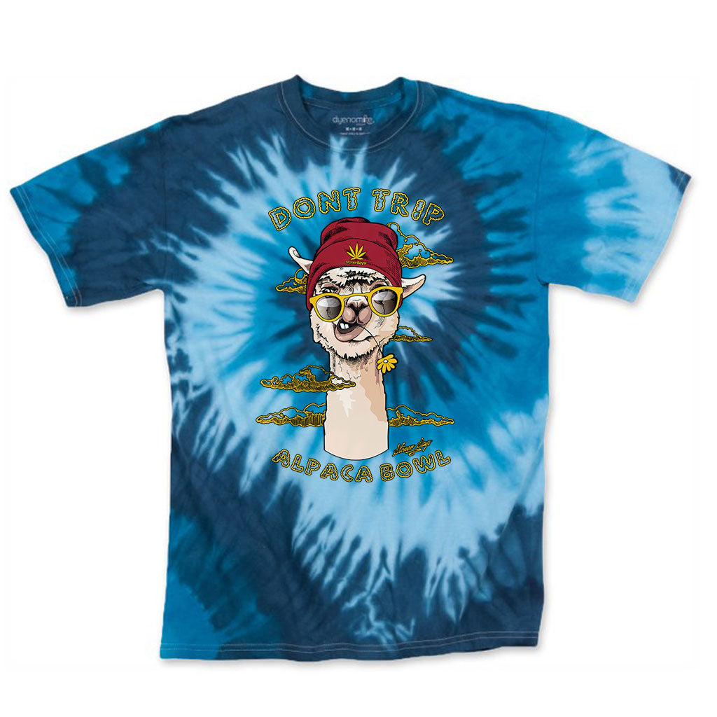 StonerDays Don't Trip Alpaca Bowl T-Shirt in Blue Tie Dye, Front View on White Background