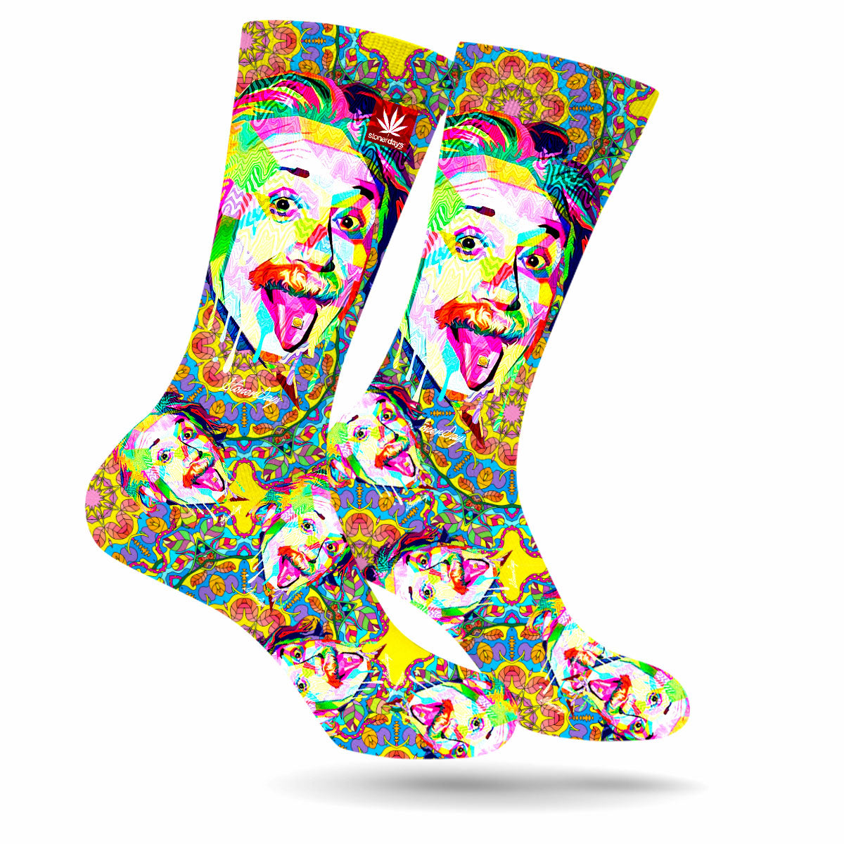StonerDays Einstein Pop Art Cannabis Socks in vibrant colors, front view on white background