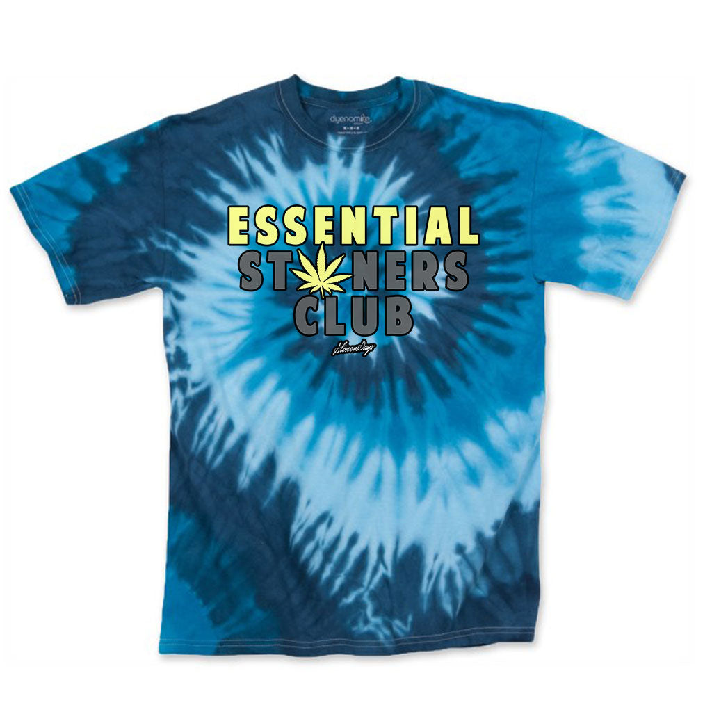StonerDays Men's Blue Tie Dye Tee with Essential Stoners Club Logo, Cotton, Front View