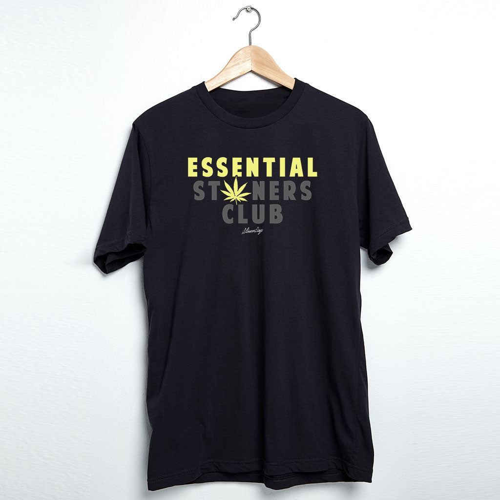 StonerDays Essential Stoners Club black cotton men's t-shirt on hanger, front view