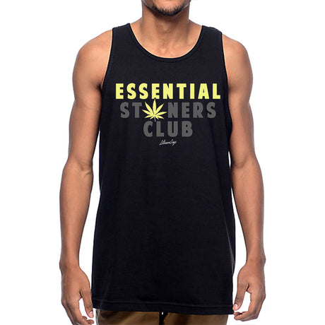 StonerDays black tank top with 'Essential Stoners Club' logo, unisex fit, front view on white background