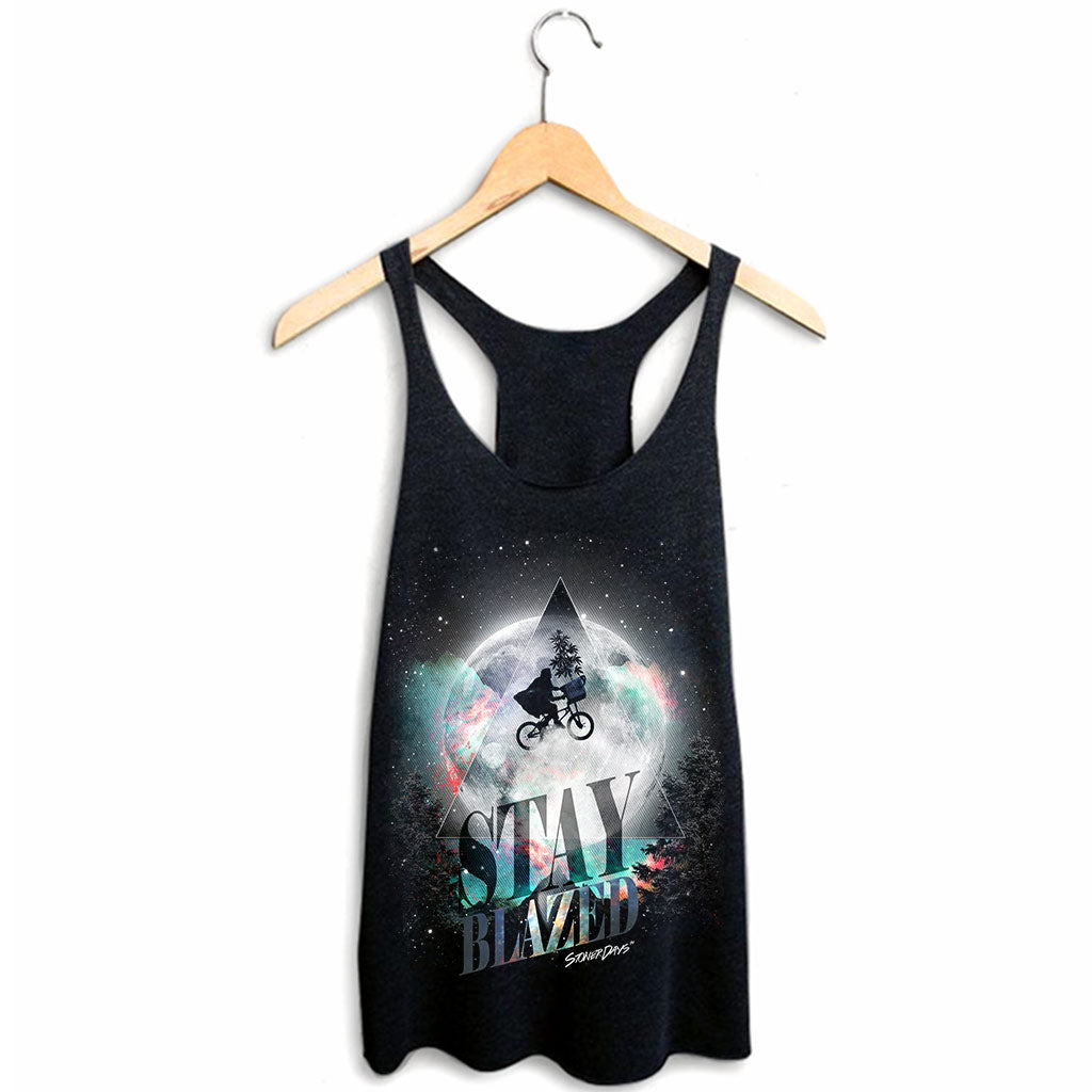 StonerDays Et Moon Racerback tank top, black, with cosmic design, front view on hanger