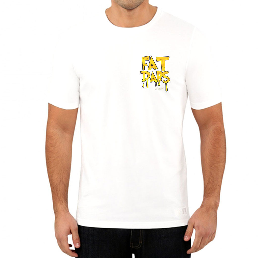 StonerDays Fat Dabs White Tee front view on model, sizes S to 3XL, ideal for concentrate enthusiasts