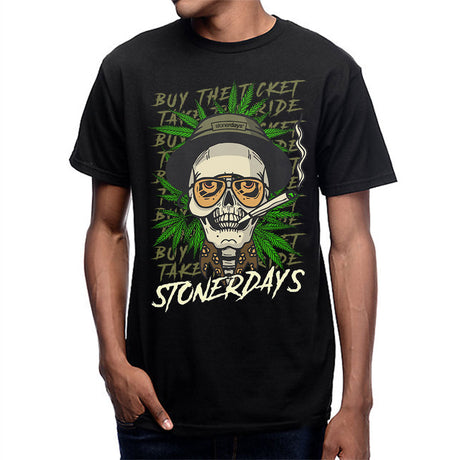 StonerDays Fear & Loathing black t-shirt with graphic print, front view on male model