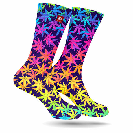 StonerDays Fluorescent Flowers Weed Socks, UV reactive, vibrant multi-color, USA made, front view