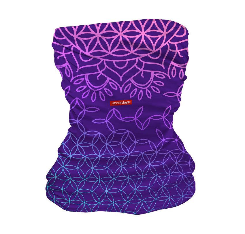 StonerDays Flower of Life Neck Gaiter in vibrant purple with intricate design, front view