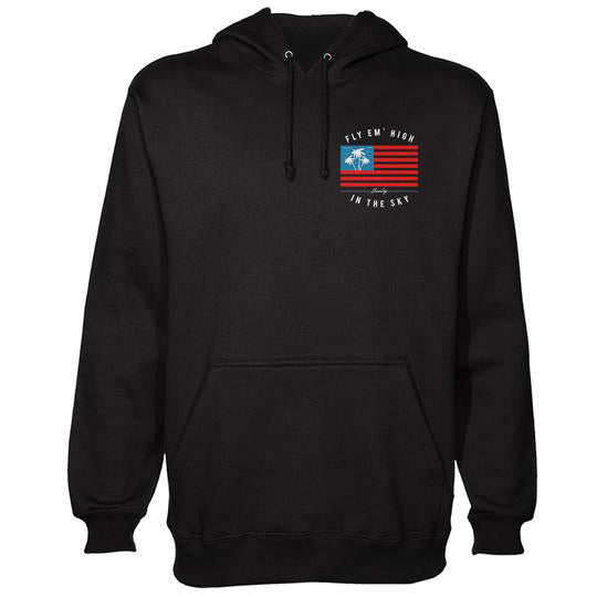 StonerDays Fly Em High Men's Hoodie, USA flag graphic, black, front view