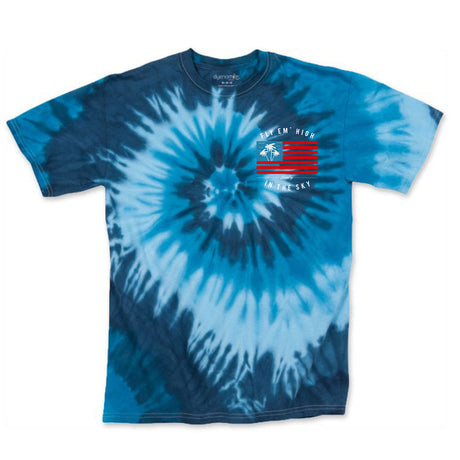 StonerDays Fly Em High tie-dye t-shirt in blue, front view on a white background
