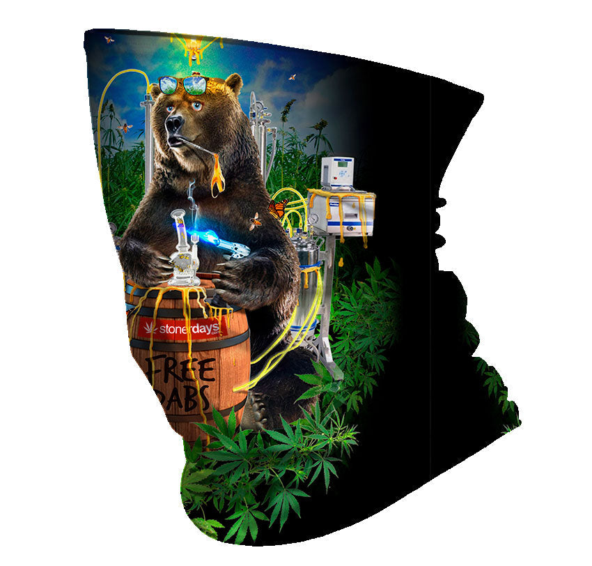StonerDays Free Dabs Bear Face Gaiter featuring vibrant bear graphic, made with polyester, front view
