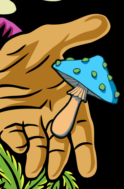 StonerDays Free Your Mind T-Shirt design detail showing a hand holding a blue mushroom