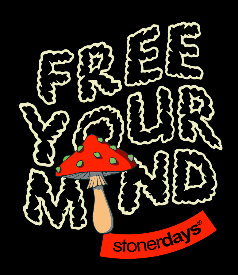 StonerDays 'Free Your Mind' T-Shirt design with psychedelic mushroom graphic on black