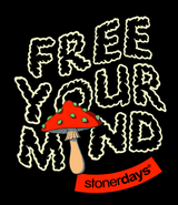 StonerDays 'Free Your Mind' T-Shirt design with psychedelic mushroom graphic on black