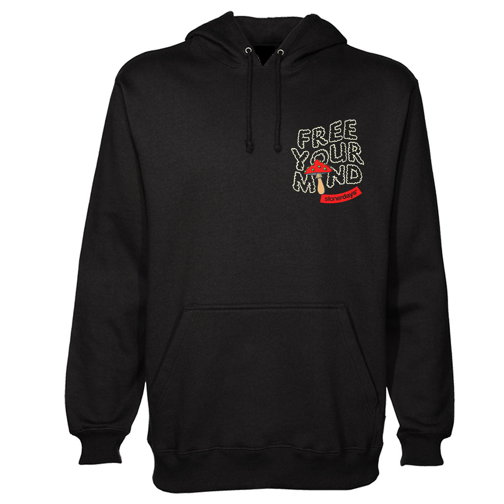 StonerDays Free Your Mind Men's Black Hoodie, Front View on Seamless White Background