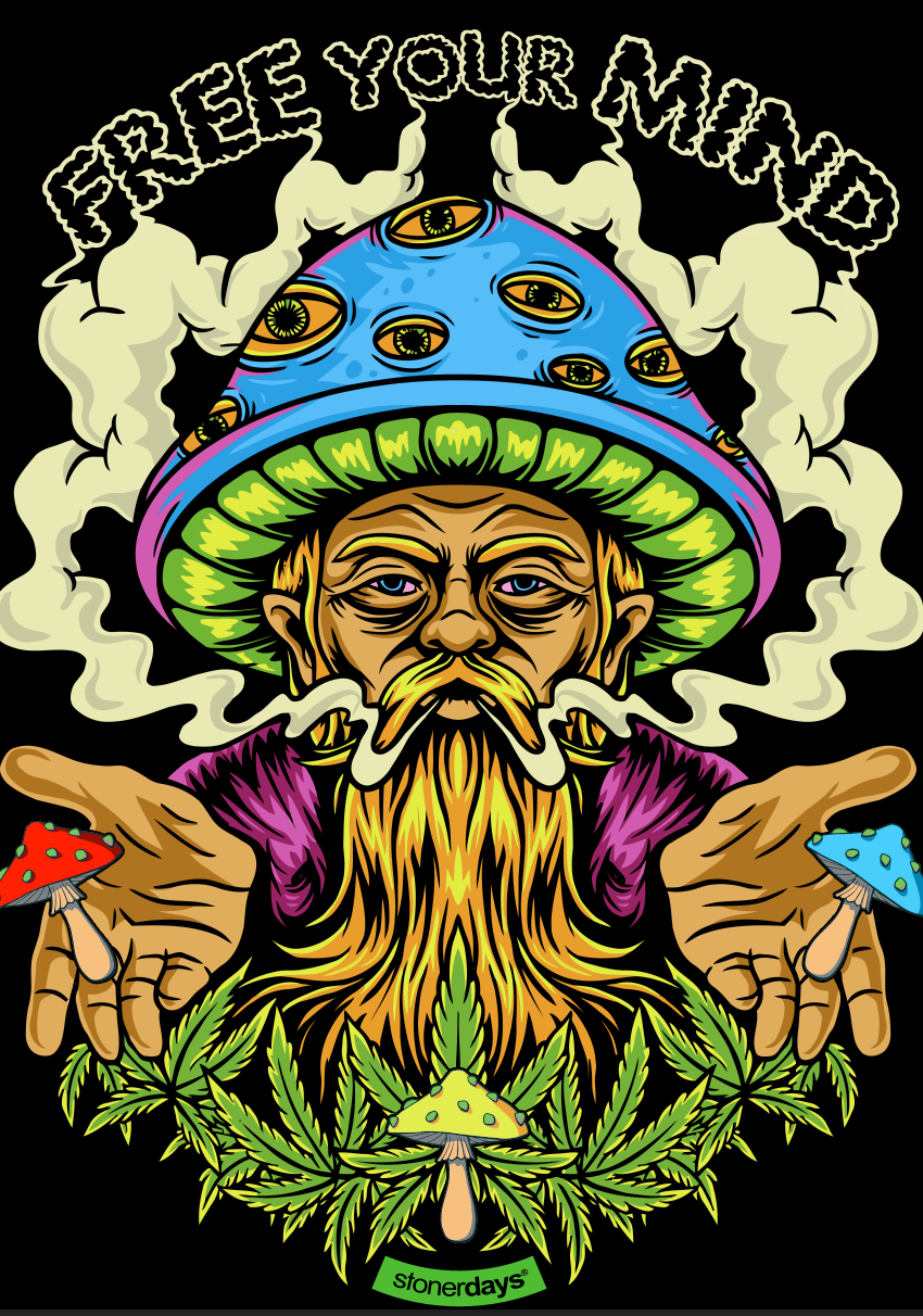 StonerDays Free Your Mind Hoodie design with psychedelic mushroom and leaf graphics