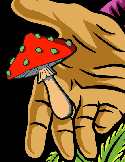 StonerDays Free Your Mind Hoodie design detail featuring a hand holding a red mushroom.