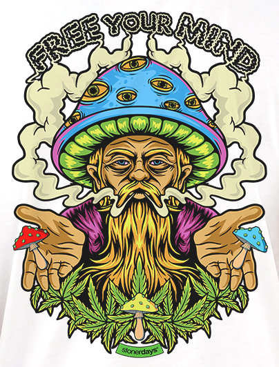 StonerDays Free Your Mind White T-Shirt with colorful psychedelic print, front view on white background.