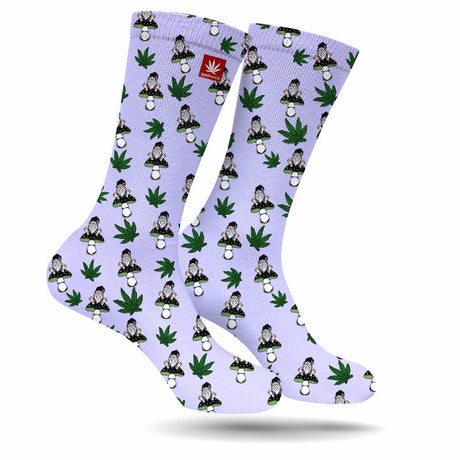 StonerDays Ganja Gnome Weed Socks in lavender with cannabis leaf and gnome print, size options M-L