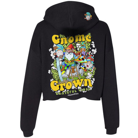 StonerDays Gnome Grown Crop Top Hoodie in black with colorful front print, cozy cotton blend