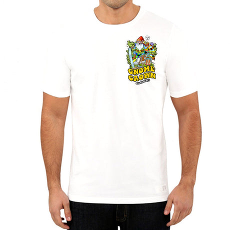 StonerDays Gnome Grown White Tee front view on model, 100% cotton with vibrant graphic