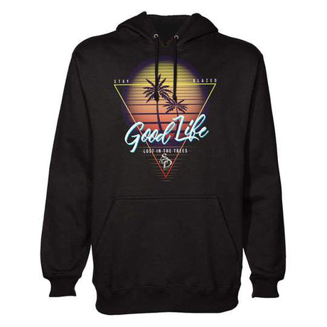 StonerDays Good Life Hoodie in black with tropical sunset graphic, front view on white background