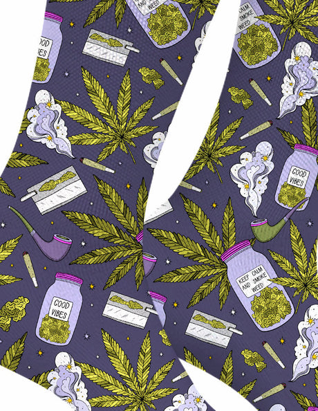 StonerDays Good Vibes Purps Weed Socks in purple with cannabis leaf and jar prints