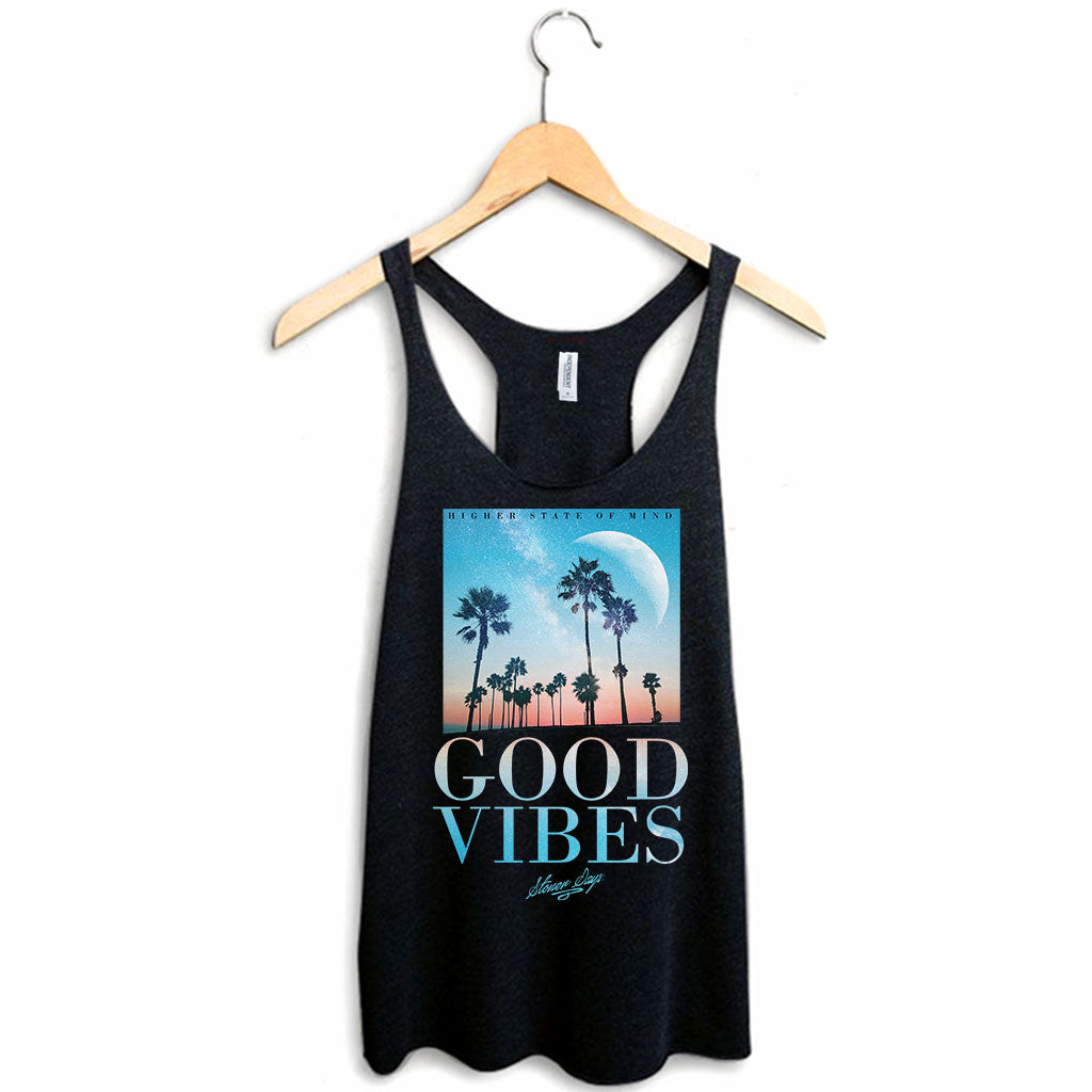 StonerDays Good Vibes Throwback Racerback tank top, black with tropical print, hanging view