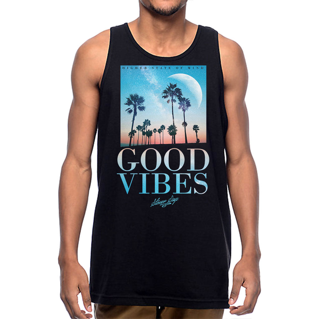 StonerDays Good Vibes Rasta Tank Top, black cotton, front view on male model