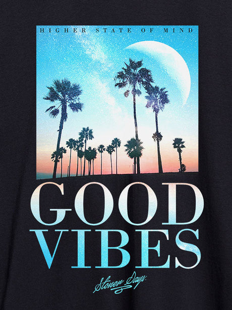 StonerDays Good Vibes Throwback Tee with palm tree design, front view on black background