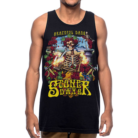 Front view of StonerDays Grateful Dabs Tank featuring skeleton graphic on black cotton blend