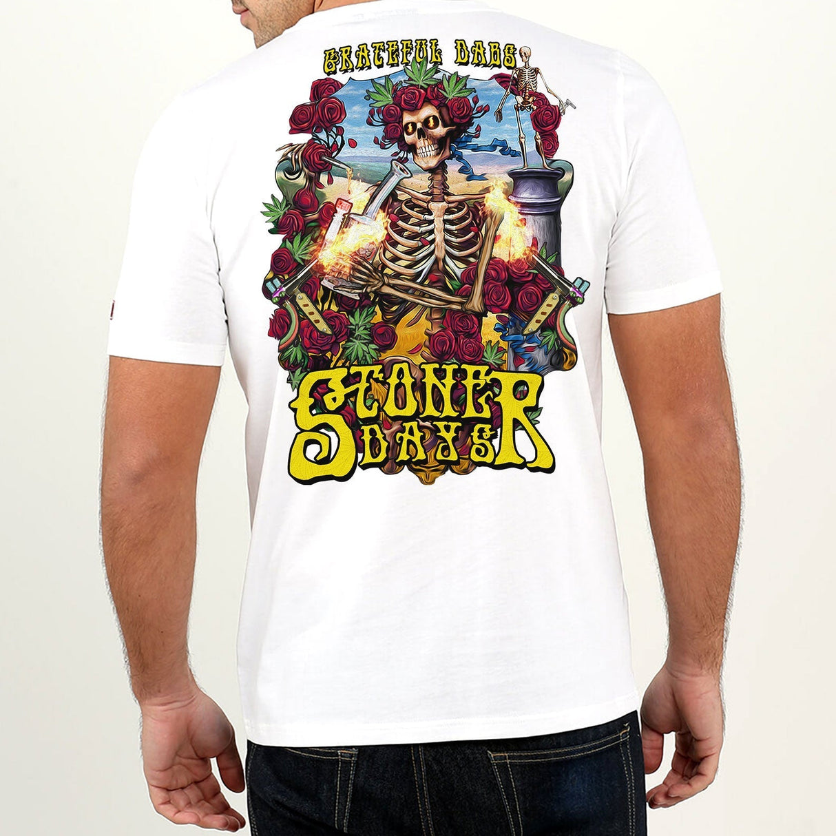 StonerDays Grateful Dabs White Cotton Tee with vibrant skeleton print - rear view