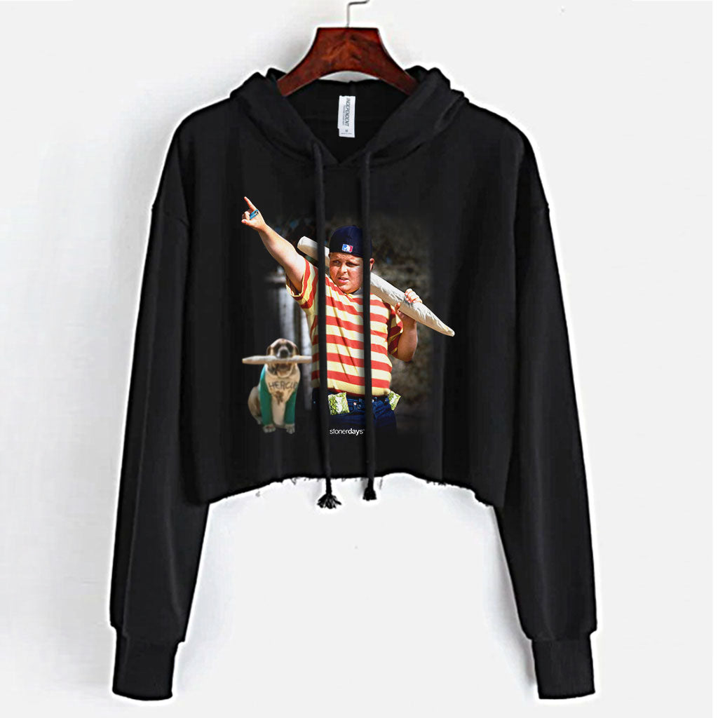 StonerDays Great Bambino Crop Top Hoodie in black, front view on hanger