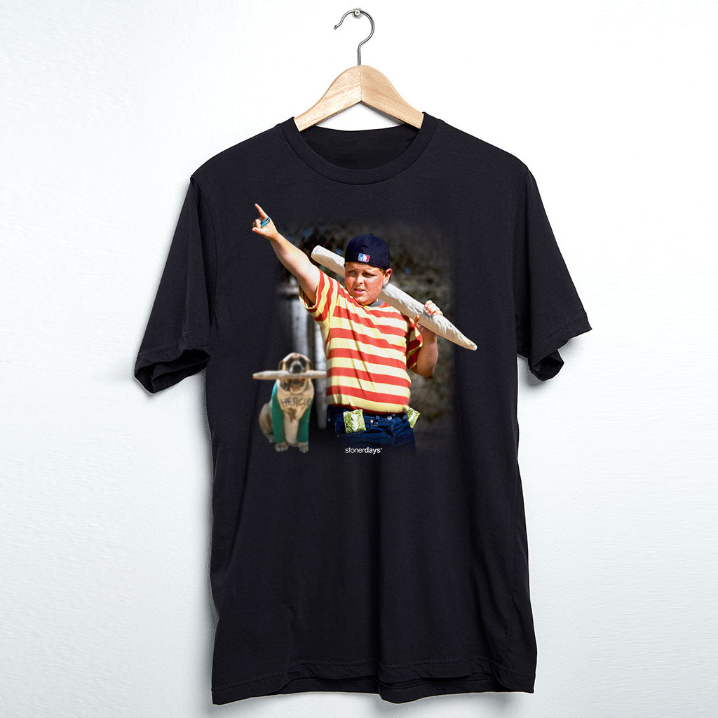 StonerDays Great Bambino Tee in black, front view on hanger, 100% cotton material