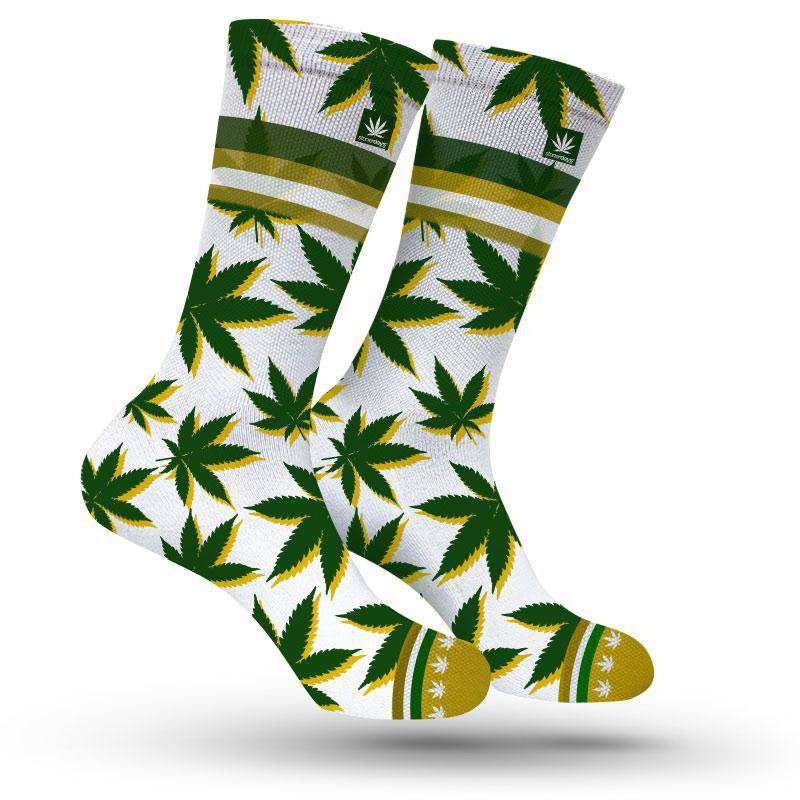 StonerDays Green and Yellow Cannabis Leaf Pattern Socks, 14" Length, Front View