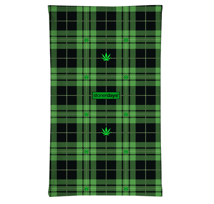 StonerDays Green Plaid Gaiter with Cannabis Leaves Design - Front View