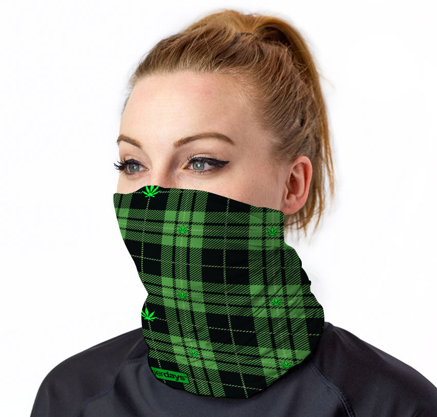 StonerDays Green Plaid Cannabis Leaves Gaiter worn by model, front view, versatile headwear