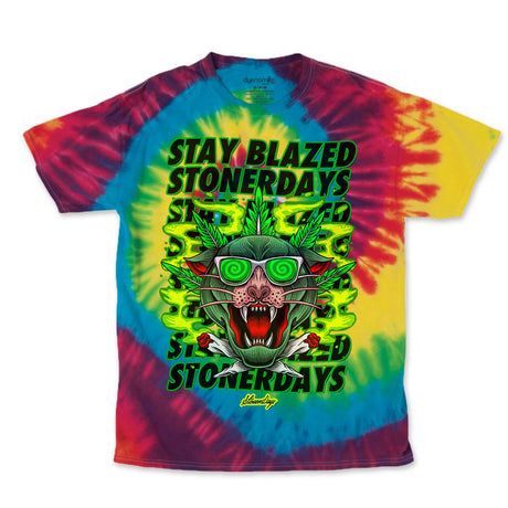 StonerDays Greens Panther Rainbow Tie Dye T-Shirt with vibrant colors, front view on white background