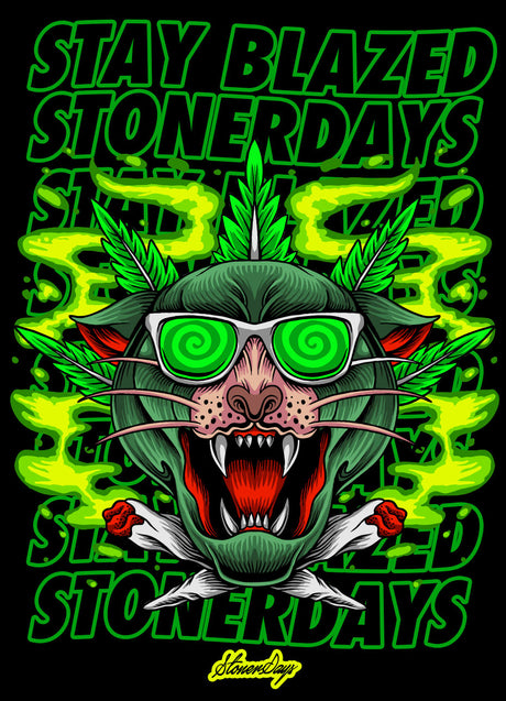 StonerDays Greenz Panther Hoodie with vibrant green graphics, front view on black background