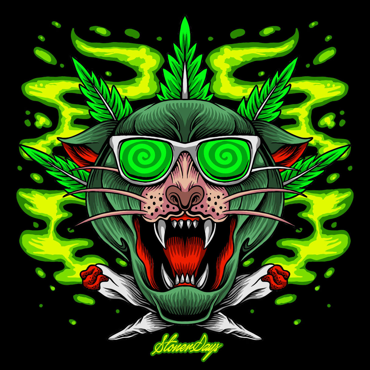 StonerDays Greenz Panther Long Sleeve Shirt with vibrant green graphic design on black
